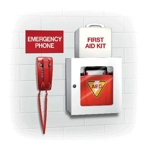 墙上应急电话、急救儿童和AED的图示