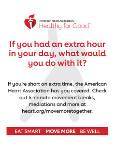如果你每天多出一个小时，你会怎么做?如果你没有多余的时间，美国心脏协会会为你提供帮助。在heart.org/MoveMoreTogether上查看5分钟运动休息、冥想和更多内容