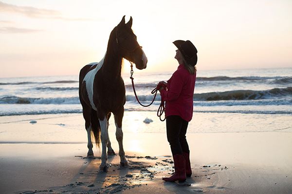 黛比和她的马在日落海滩骑马